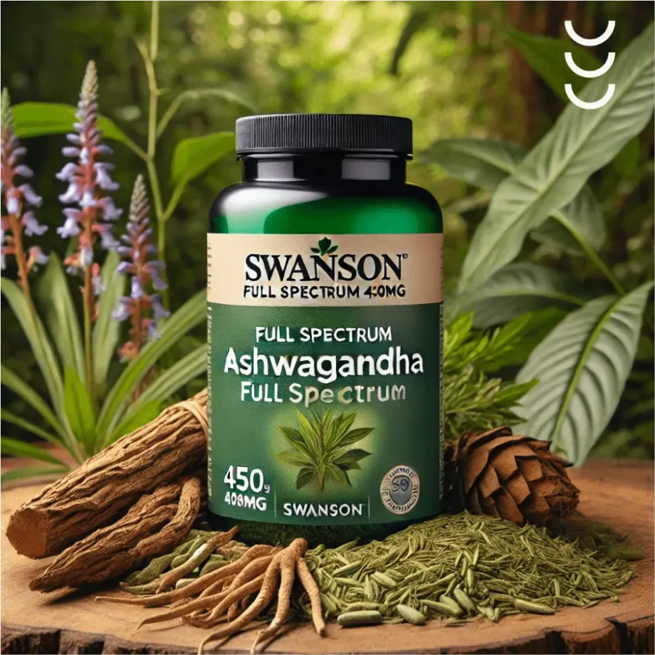 Adaptogen na radzenie sobie ze stresem – Ashwagandha Full Spectrum 450mg w naturalnym otoczeniu – podkreślające składniki.