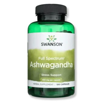Adaptogen na radzenie sobie ze stresem – Ashwagandha Full Spectrum 450mg firmy Swanson – widok opakowania z przodu.