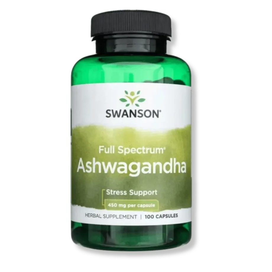 Adaptogen na radzenie sobie ze stresem – Ashwagandha Full Spectrum 450mg firmy Swanson – widok opakowania z przodu.