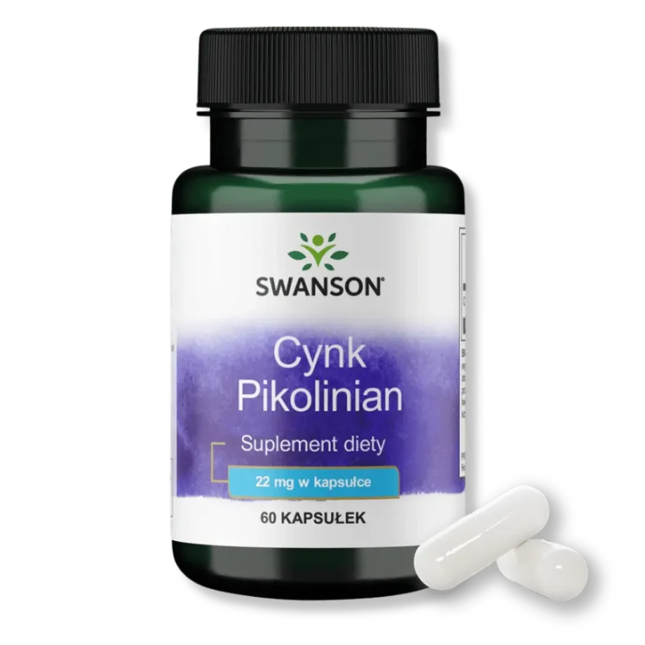 Opakowanie suplementu diety cynk pikolinian od firmy swanson z dwiema kapsułkami.