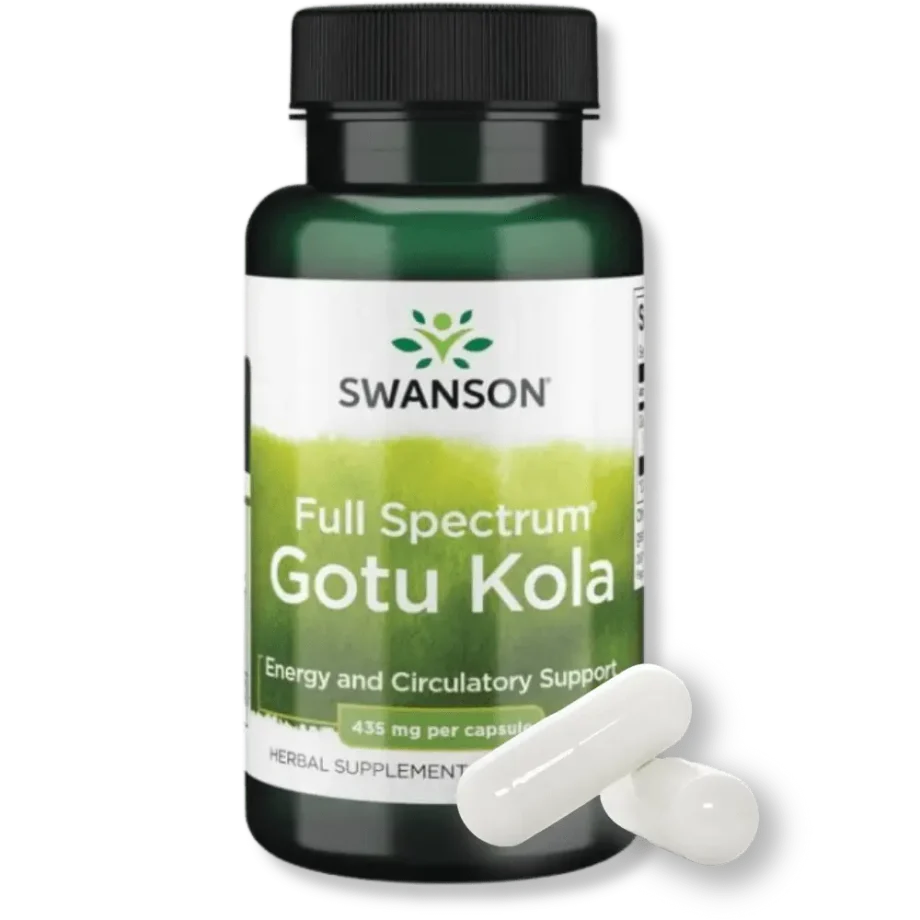 Opakowanie suplementu swanson full spectrum gotu kola z dwoma kapsułkami suplementu.