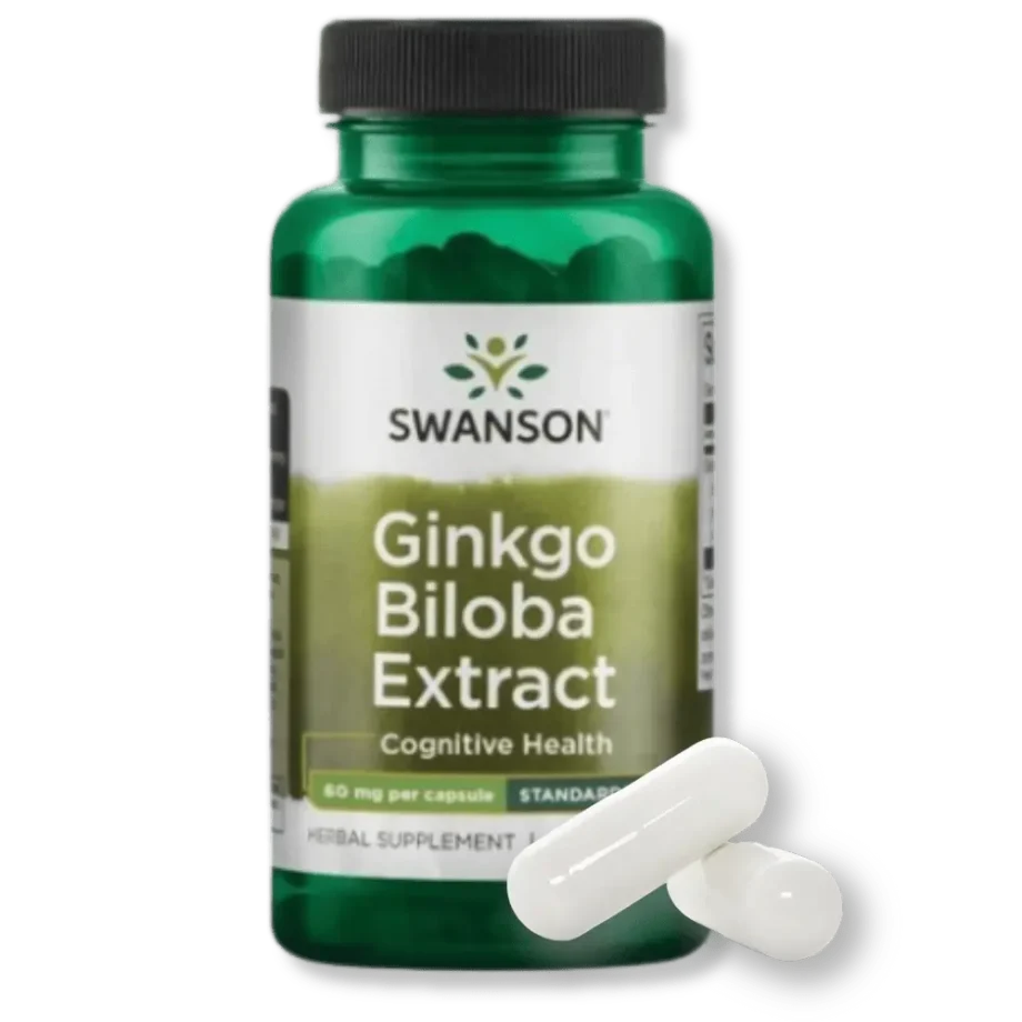 Opakowanie swanson ginkgo biloba z dwoma kapsułkami suplementu.