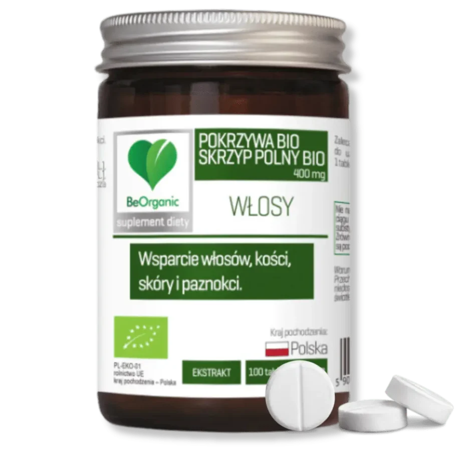 Beorganic pokrzywa bio skrzyp polny bio w słoiczku z trzema tabletkami na białym tle