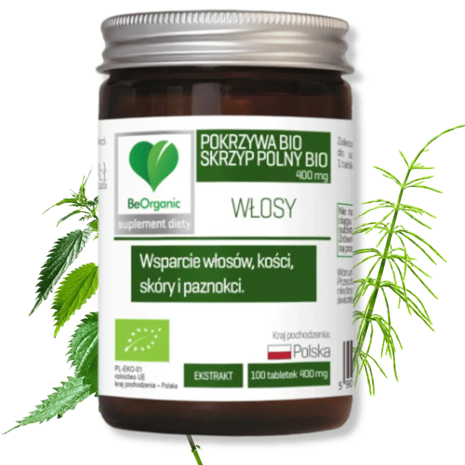 Opakowanie suplementu beorganic pokrzywa bio + skrzyp polny bio z gałażkami pokrzywy i skrzypu w tle
