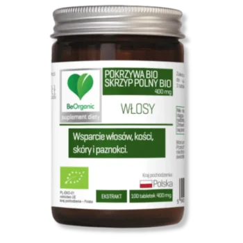 Brązowy słoiczek z suplementem diety pokrzywa bio + skrzyp polny bio beorganic