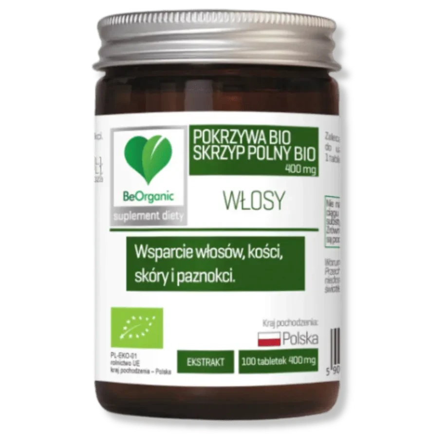 Brązowy słoiczek z suplementem diety pokrzywa bio + skrzyp polny bio beorganic