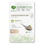 opakowanie aswagandy bio firmy beorganic na przeźroczystym tle.