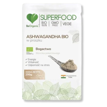 opakowanie aswagandy bio firmy beorganic na przeźroczystym tle.