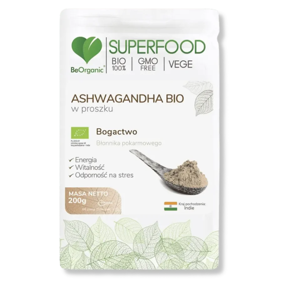 opakowanie aswagandy bio firmy beorganic na przeźroczystym tle.