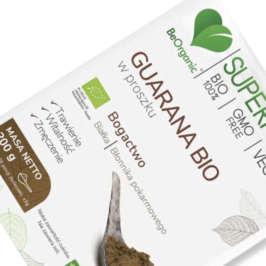 Zbliżenie na opakowanie superfoods guarana od beorganic