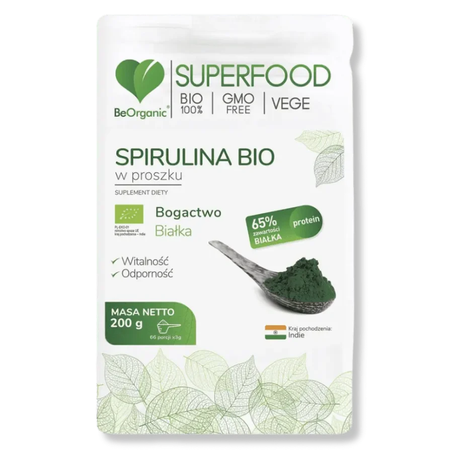 Opakowanie spiruliny w proszku firmy beorganic.