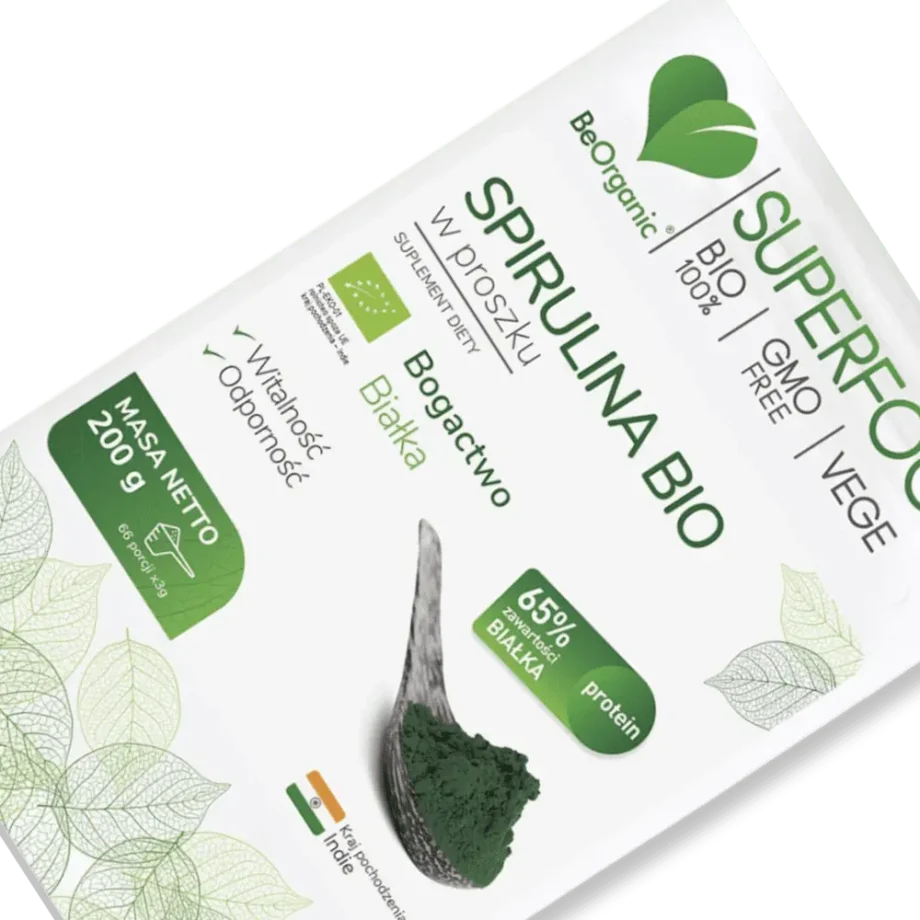 Powiększone opakowanie spiruliny w proszku firmy beorganic