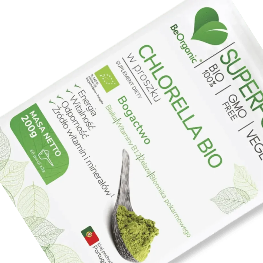 Powiększone opakowanie chlorelli bio firmy beorganic.