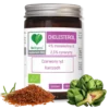 Cholesterol beorganic w brązowym opakowaniu a przed nim czerwony ryż i karczoch