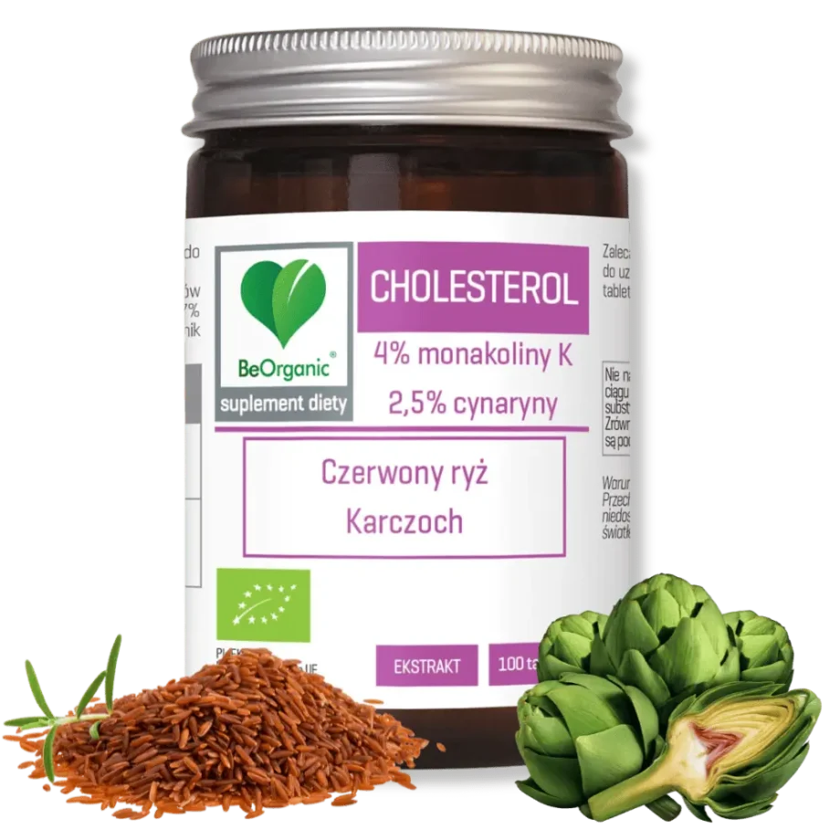 Cholesterol beorganic w brązowym opakowaniu a przed nim czerwony ryż i karczoch
