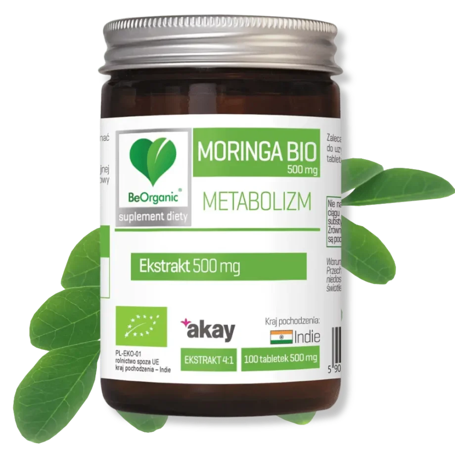 Brązowe opakowanie metabolizm moringa na tle moringi