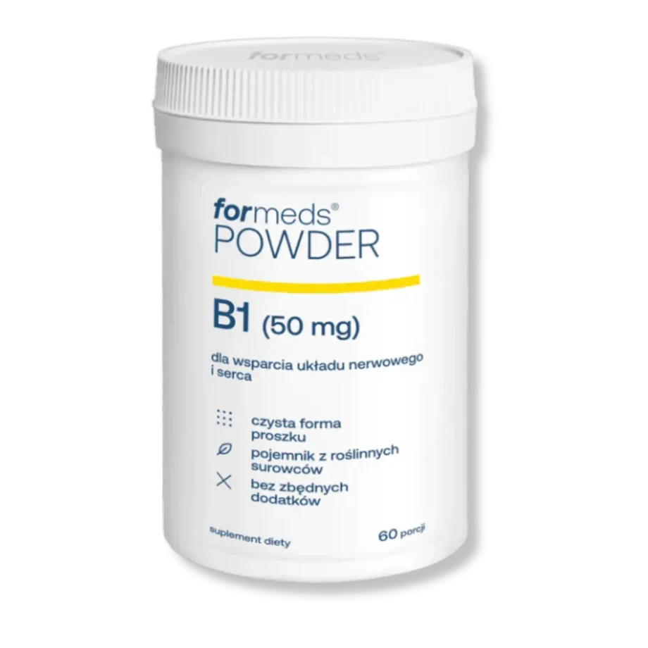Białe opakowanie powder b1 od formeds na bezbarwnym tle