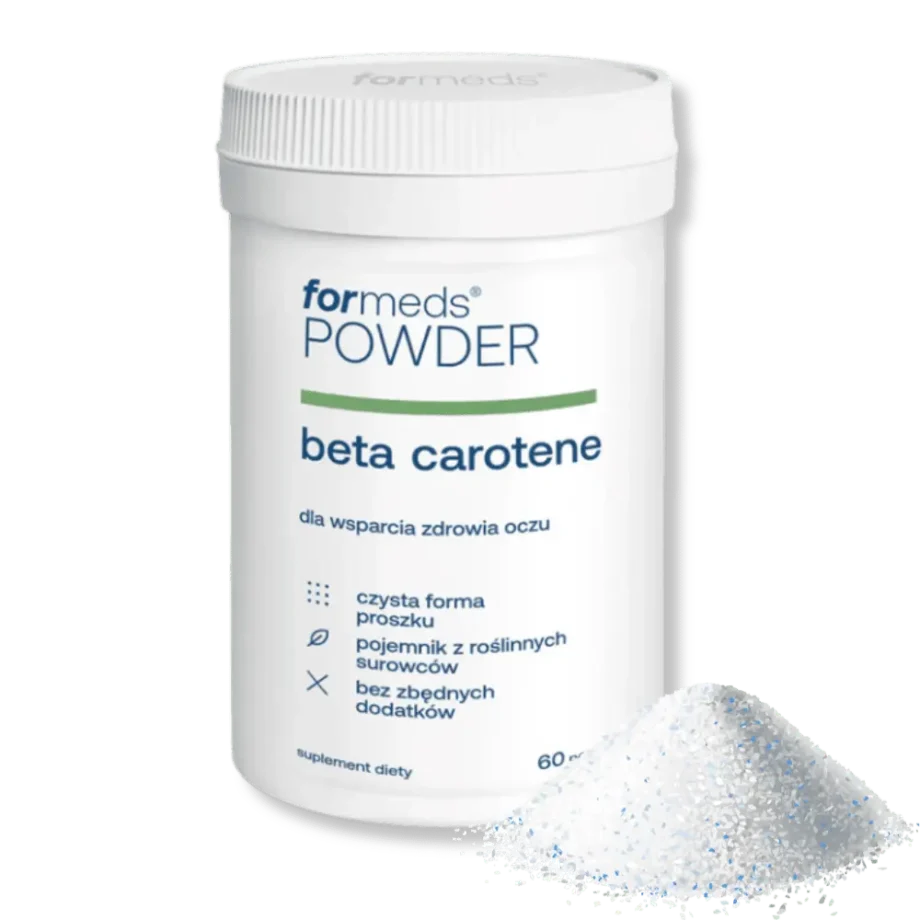 Opakowanie powder beta-carotene z rozsypanym proszkiem suplementu