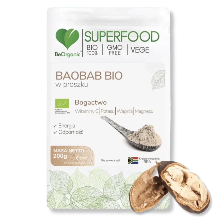 Owoc baobabu na tle opakowania sproszkowanego superfoodsa.