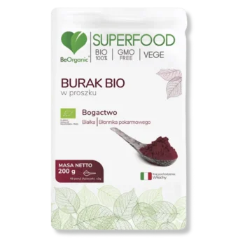 Opakowanie buraka bio w proszku na przeźroczytsym tle.