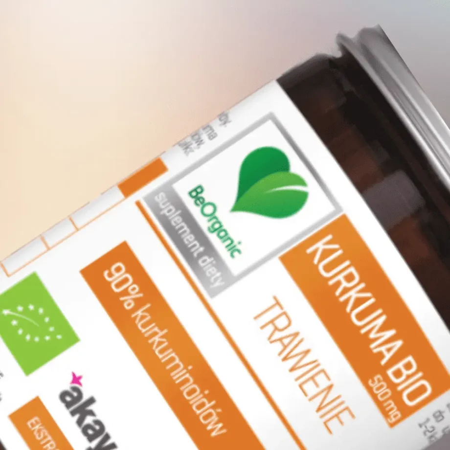 Słoiczek z kapsułkami kurkumy firmy beorganic, w powiększonej formie dla lepszej widoczności