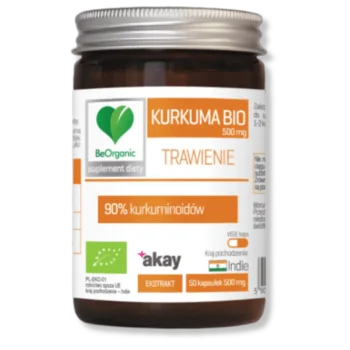Kurkuma w kapsułkach słoik z kapsułkami kurkumy firmy beaorganic