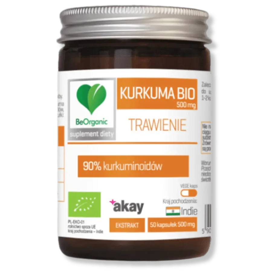 Kurkuma w kapsułkach słoik z kapsułkami kurkumy firmy beaorganic