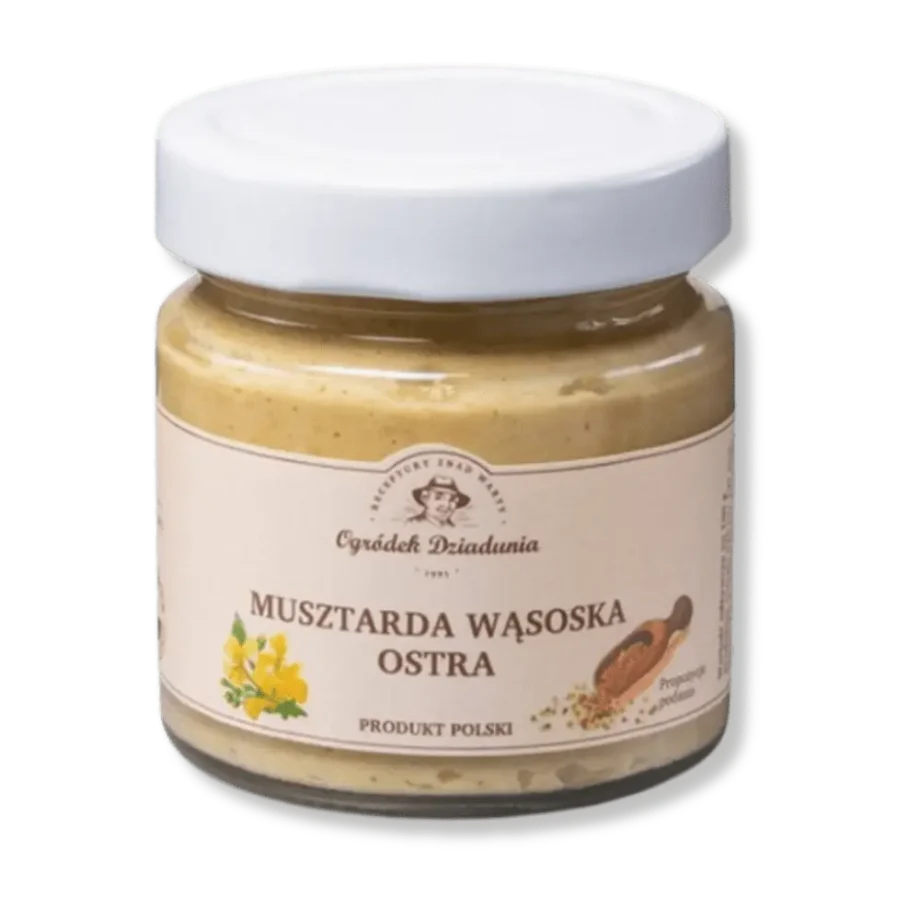 Słoik musztardy wąsockiej ostrej.