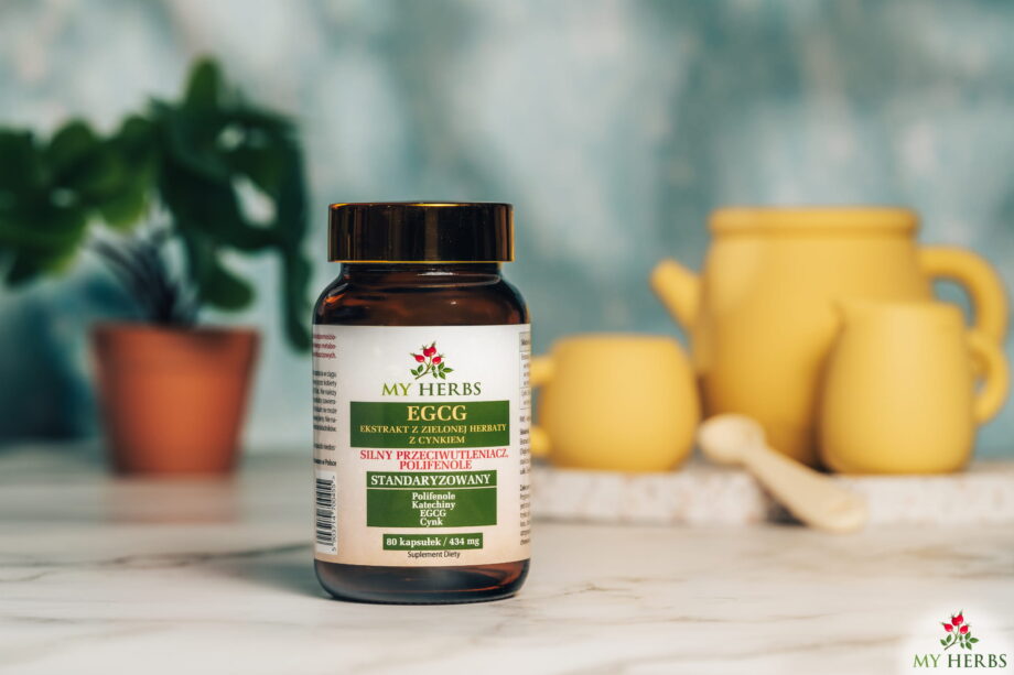 Opakowanie egcg od my herbs na tle czajniczka do parzenia zielonej herbaty