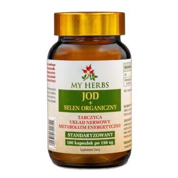 Brązowe opakowanie jod+selen od my herbs na białym tle.