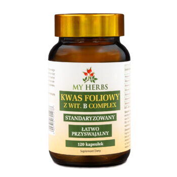 butelka kwasu foliowego z witaminą b my herbs na białym tle