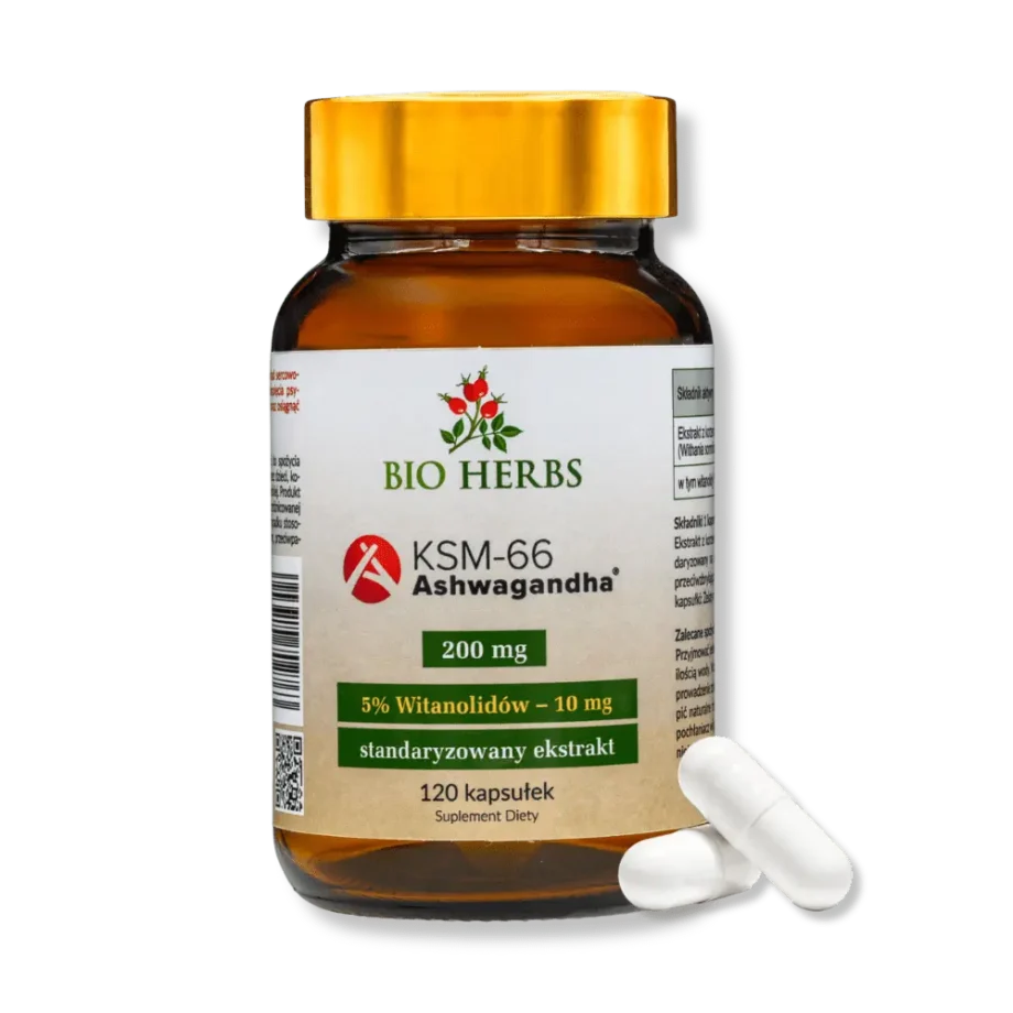 Opakowanie ashwagandhy od bioherbs z dwoma poglądowymi kapsułkami