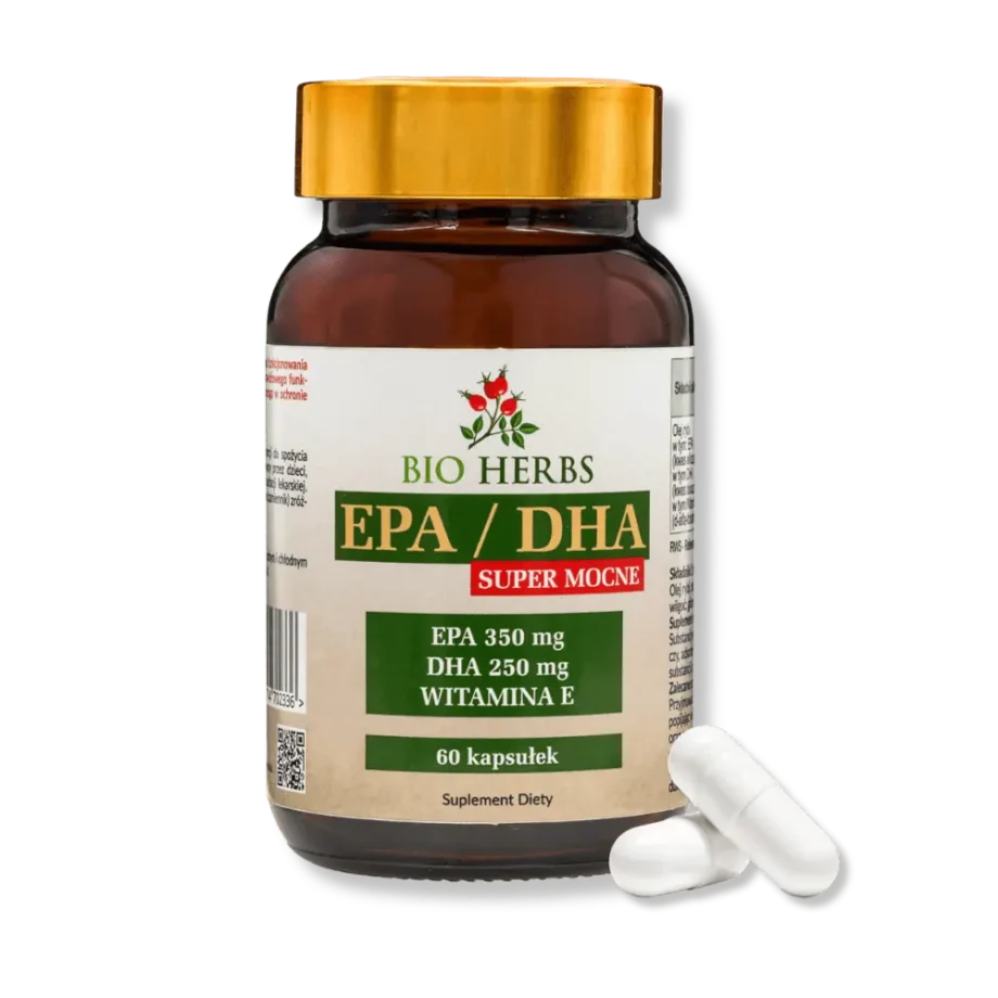 Słoik z suplementem epa dha bio herbs z dwoma kapsułkami