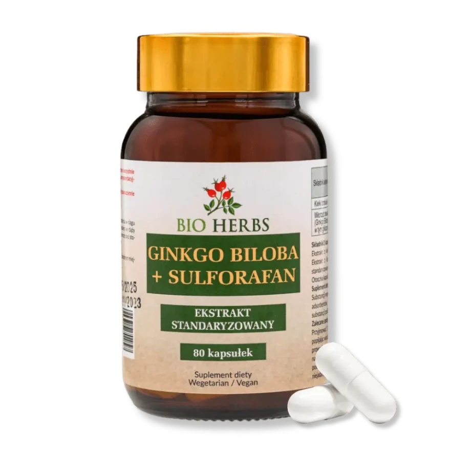 Słoik z suplementami diety gingko biloba plus sulforafan