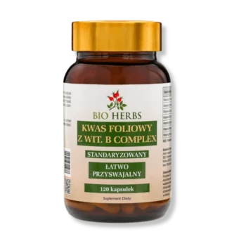 Słoik kwasu foliowego w kapsułkach z witaminą b complex firmy bioherbs