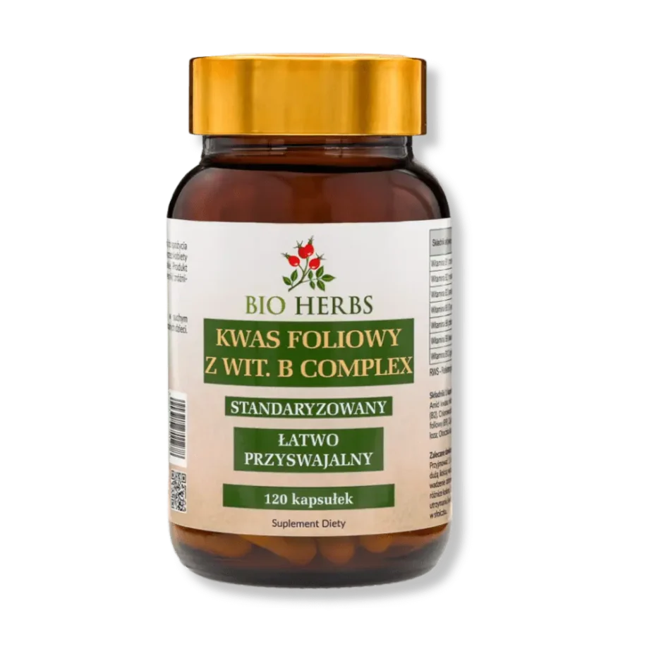 Słoik kwasu foliowego w kapsułkach z witaminą b complex firmy bioherbs