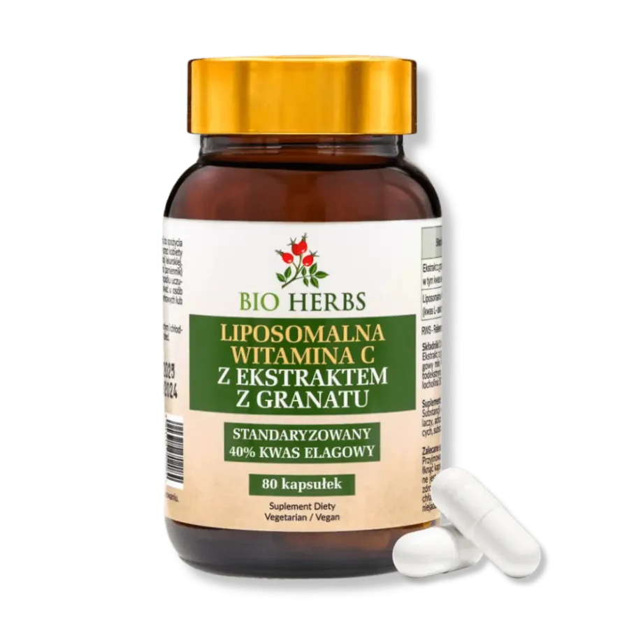 Słoik suplementu liposomalnej witaminy C z granatem bio herbs
