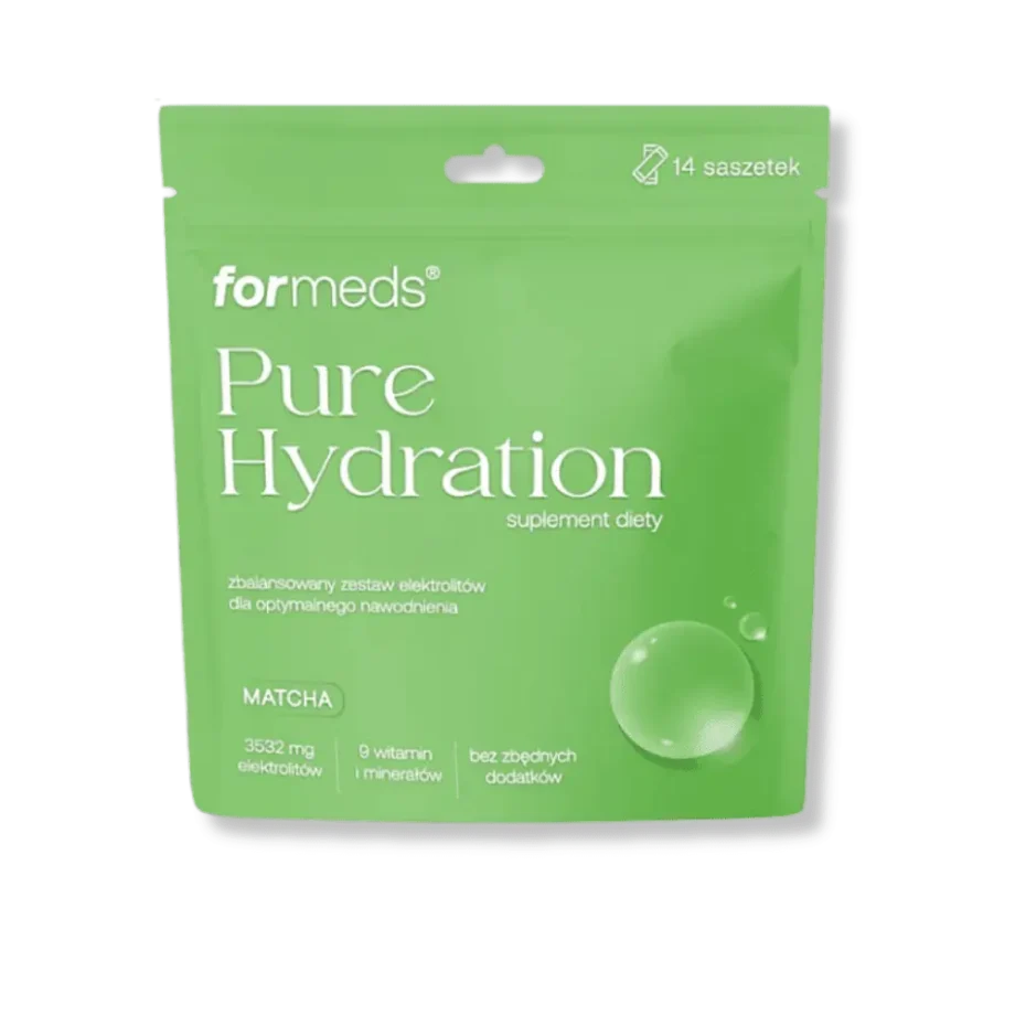 Pure hydrate matcha od formeds, opakowanie na przeźroczystym, tle