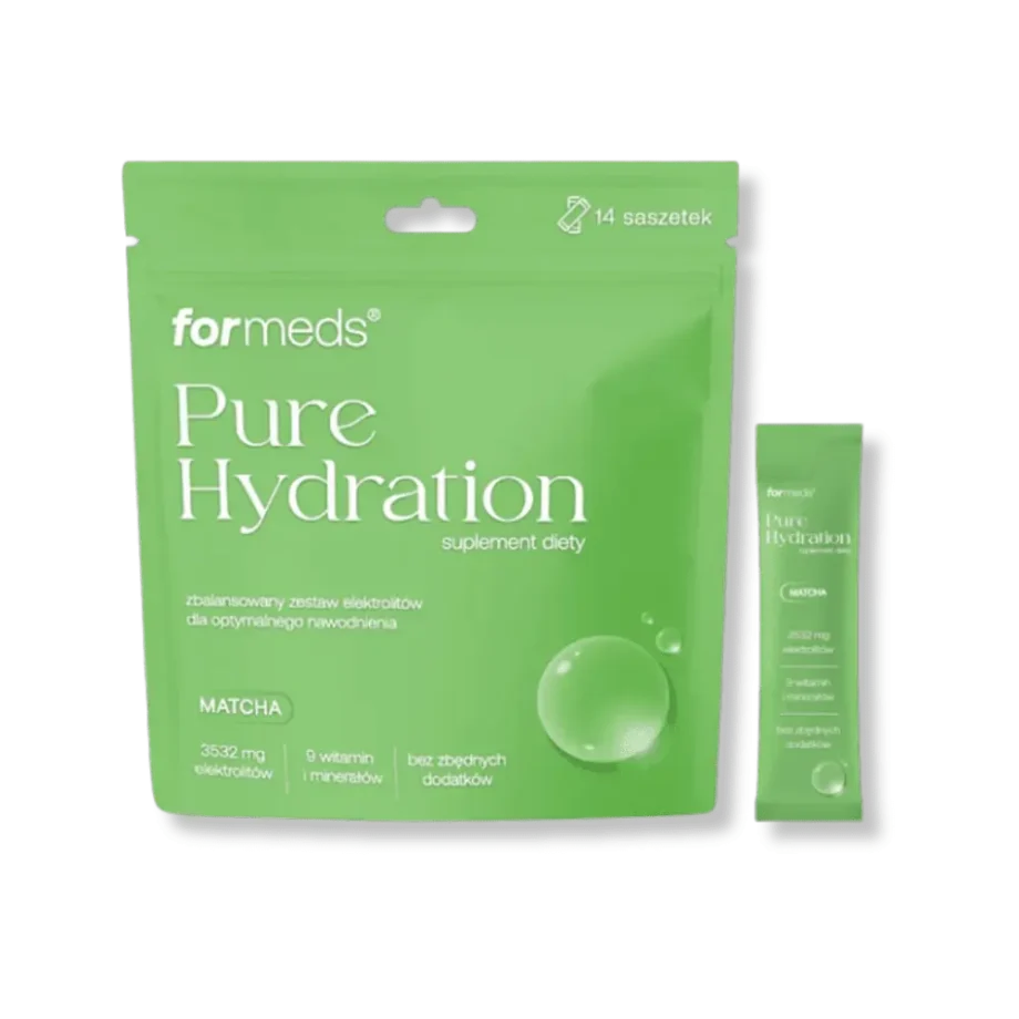 Pure hydration matcha opakowanie zbiorcze oraz pojedyncza saszetka
