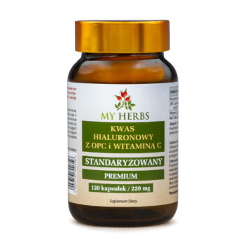 Brązowa butelka z kwasem hialuronowym od bio herbs na białym tle