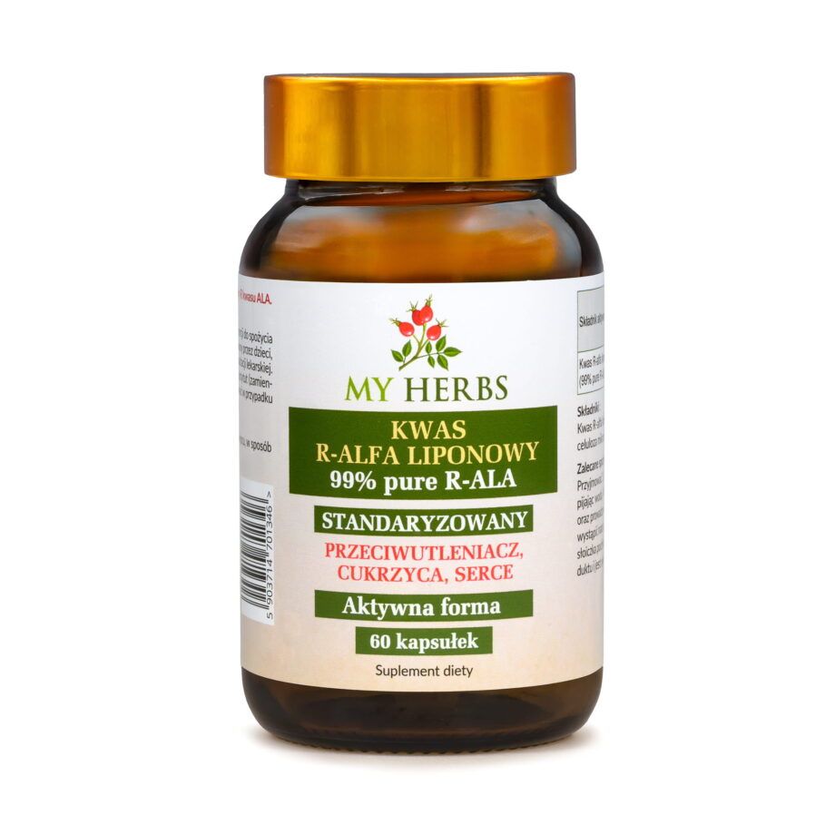 Brązowy słoiczek kwasu r-alfa od my herbs na białym tle