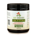 lecytyna sojowa my herbs w brązowym słoiku na białym tle