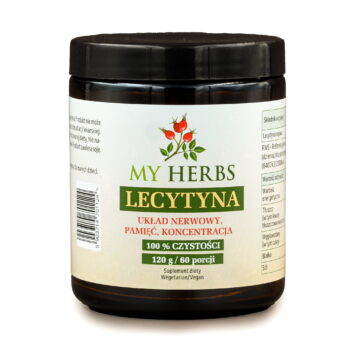 lecytyna sojowa my herbs w brązowym słoiku na białym tle