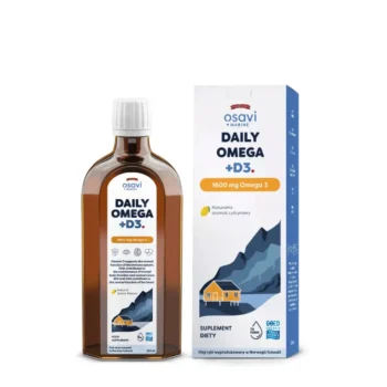 Daily omega + d3 butelka suplementa, a obok opakowanie tekturowe