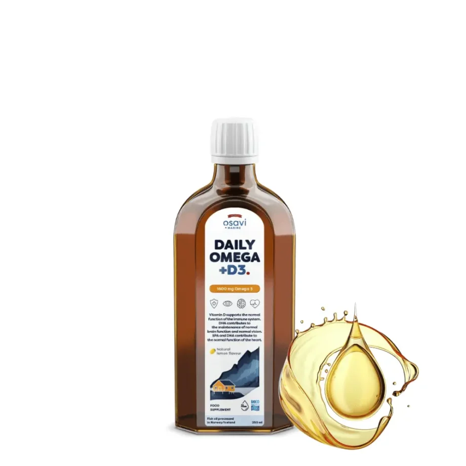 Butelka suplementu daily omega 3 + d3 oraz kropla oleju