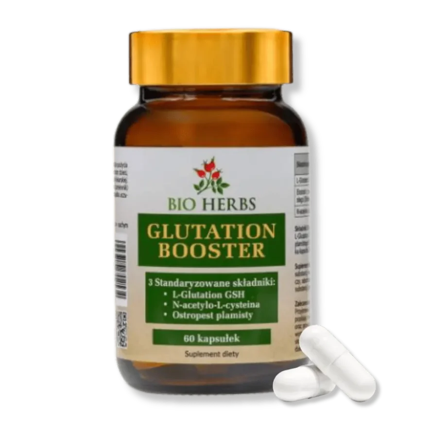 Słoiczek suplementu glutation booster w kapsułkach z dwoma kapsułkami od firmy bio herbs