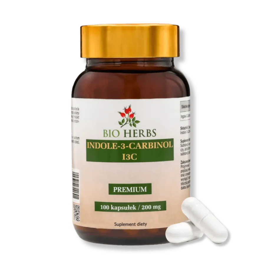 Słoik z suplementami indole 3 carbinol od Bio Herbs z dwoma kapsułkami
