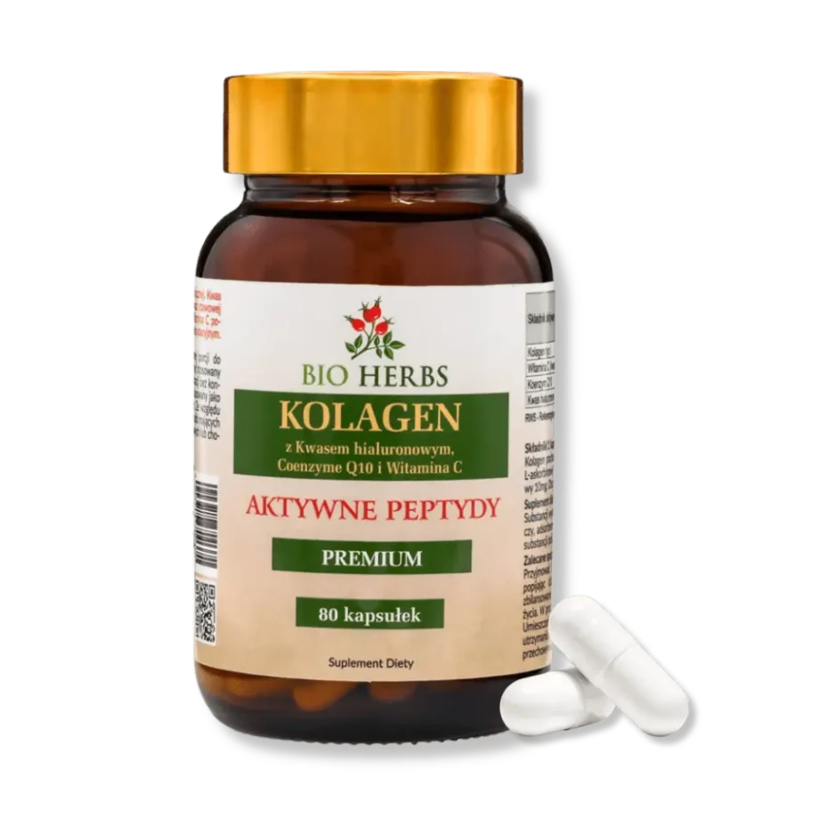Słoiczek suplementu diety od bioherbs kolagen aktywne peptydy z dwoma kapsułkami.
