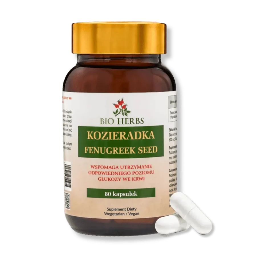 Brązowe opakowanie kozieradki od bio herbs