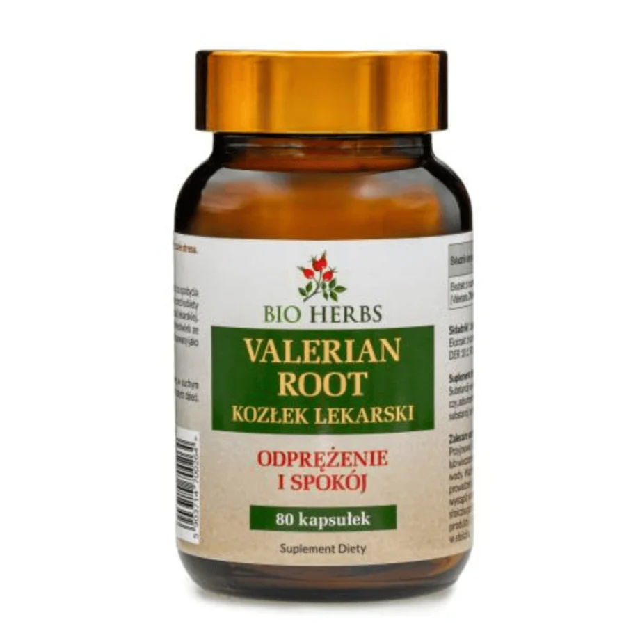 Kozłek Lekarski (Valerian Root) Bio-Herbs 500mg w opakowaniu na białym tle - ekstrakt wspierający zdrowy sen i redukcję stresu
